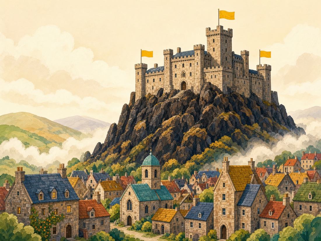 A castle on a tall rock above a bright town.