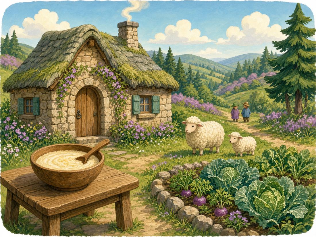 A sunny stone cottage, sheep, and a bowl of porridge.