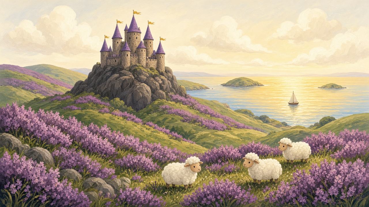 Bright hills, a castle on a rock, islands, and a small sailboat.