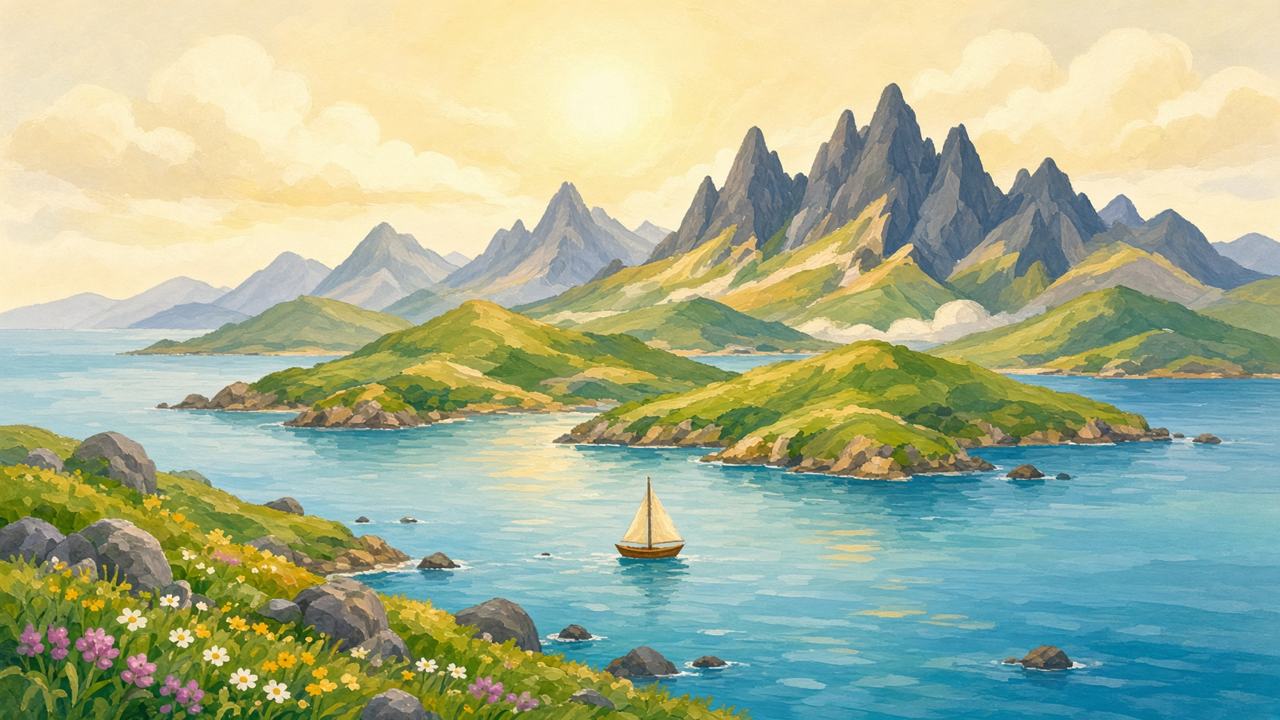 Green islands and jagged mountains across a bright sea.
