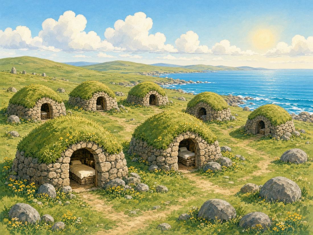 Small stone houses with grass roofs beside the sea.