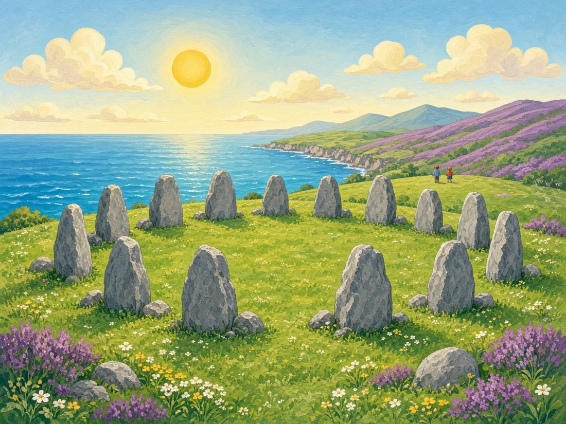 A sunny ring of tall standing stones near the sea.